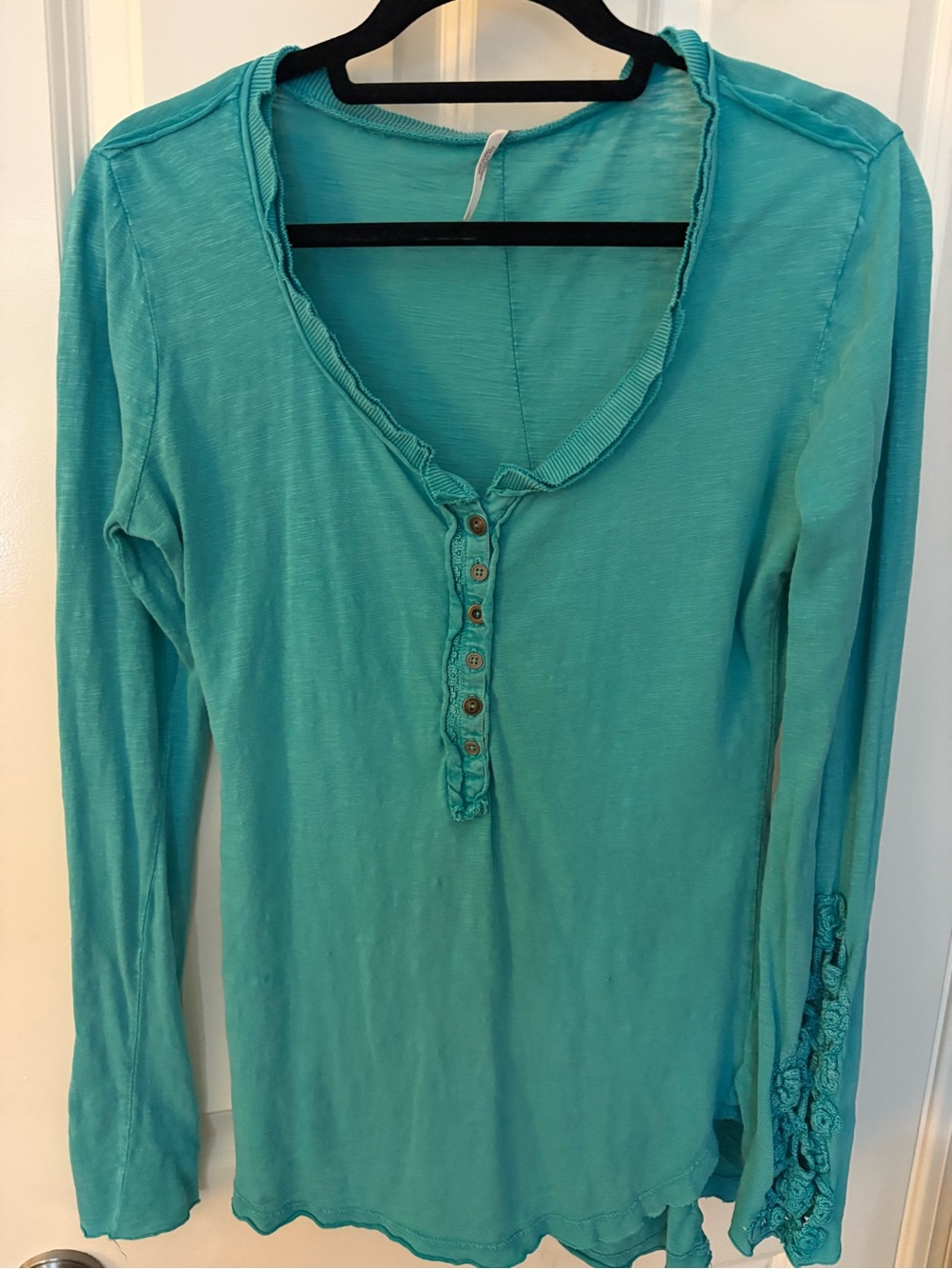 Free People Turquoise Long-Sleeve Henley with Lace Sleeve